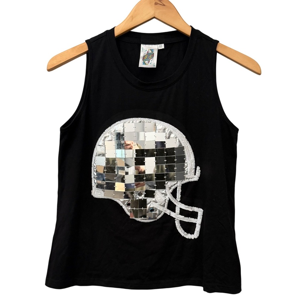 Queen of Sparkles Sz XS Black Football Helmet Sequin Mirror Tank Top Gameday